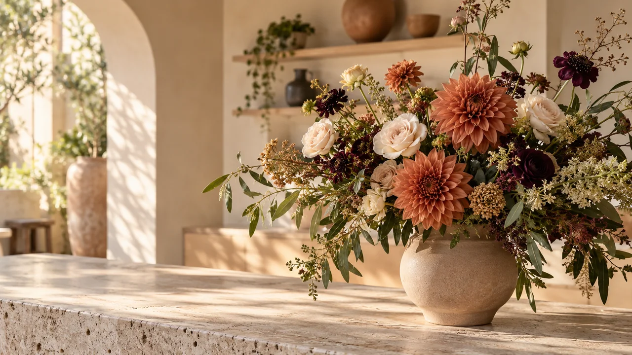 Arreglo floral editorial en un espacio cálido